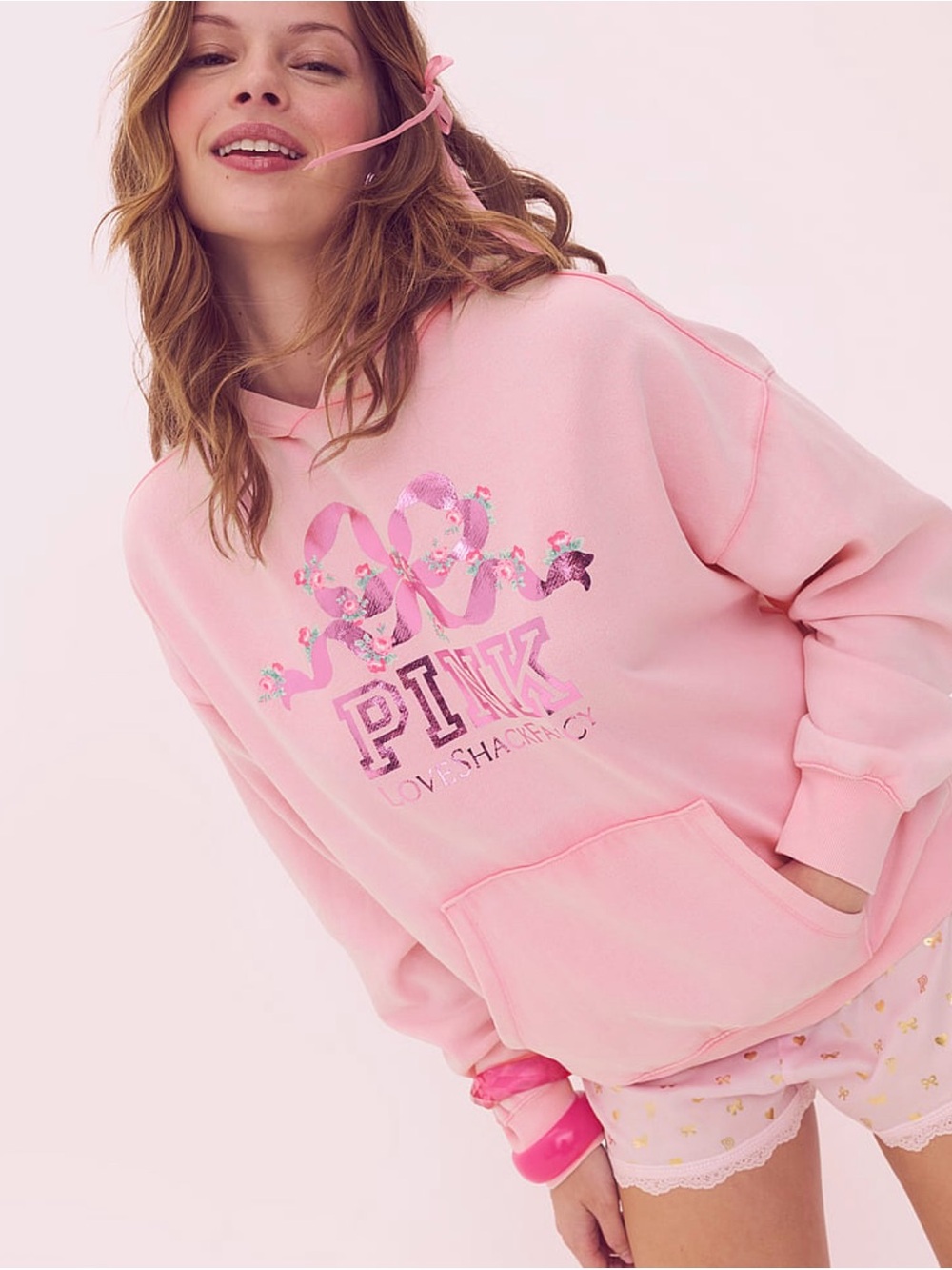 New L Large Victoria Secret PINK x LoveShackFancy Bling Sweatshirt Jacket Hoodie